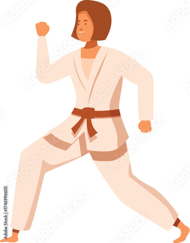 Woman practicing martial arts, wearing white kimono and brown belt, performing a karate kata with focused determination