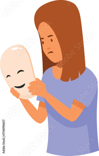 Sad woman holding a happy mask, hiding her real emotions, faking and lying concept