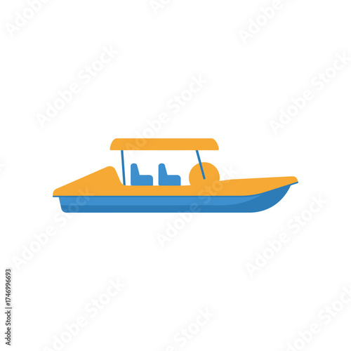Bright yellow and blue recreational watercraft with canopy and seats isolated on a clean white background for summer fun