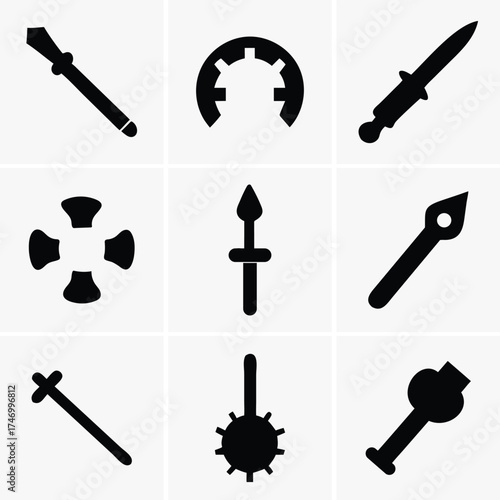 Black weapon silhouettes present different medieval arms over a plain white backdrop showcasing aggression