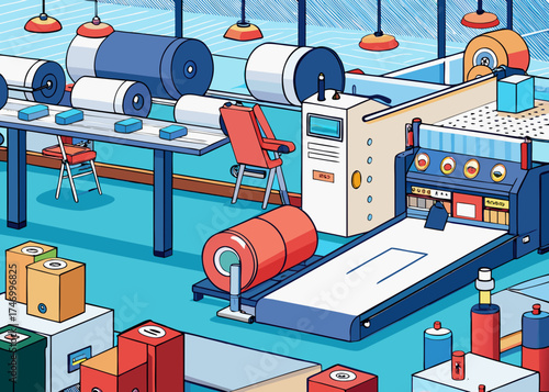 Modern factory interior with conveyor belts and machinery for production