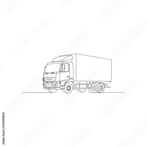 Outline drawing of a large semi trailer truck with a cargo box on a white background representing logistics and transportation services
