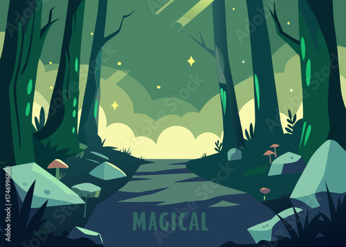 Enchanting forest path bathed in ethereal light with magical glow