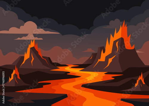 Volcanic landscape with flowing lava and erupting volcanoes under a dark sky