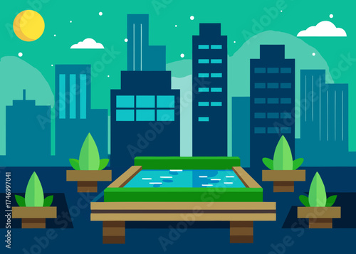 Rooftop oasis with swimming pool and city skyline at sunset