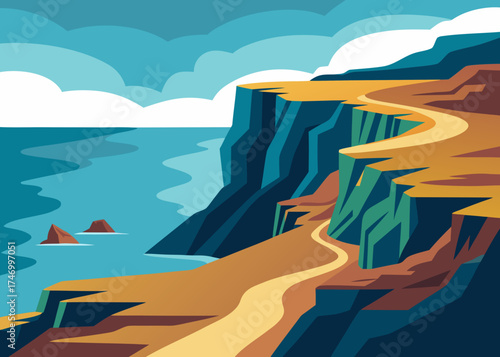 Stylized coastal path winding along dramatic cliffs overlooking the ocean