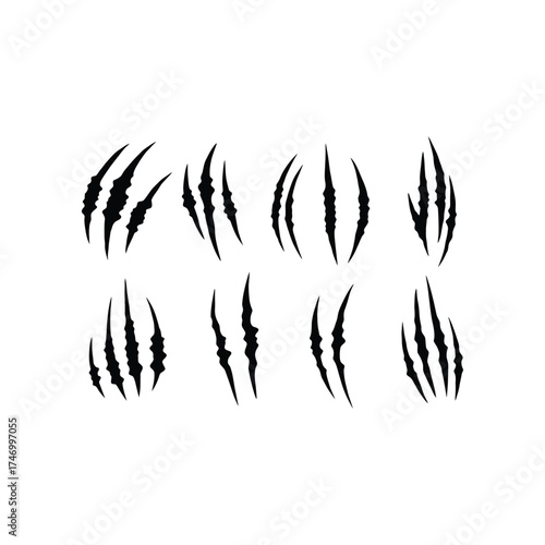 Collection of realistic black claw marks and scratches on a white background representing a wild animal attack or damage