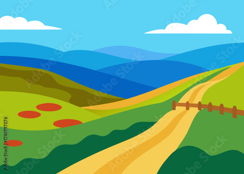 Stylized landscape with rolling hills and winding dirt road
