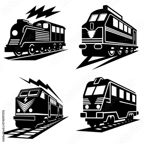 Illustration featuring four distinct train designs in black and white with lightning bolt accents above them