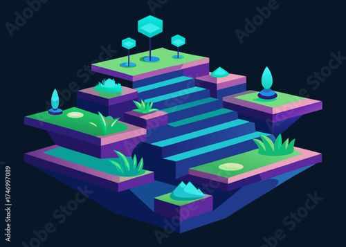 Abstract isometric landscape with futuristic plants and stairs