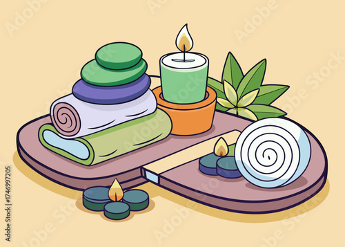Relaxing spa treatment with stacked stones rolled towels and lit candles