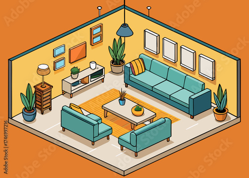 Cozy isometric living room with teal furniture and orange accents