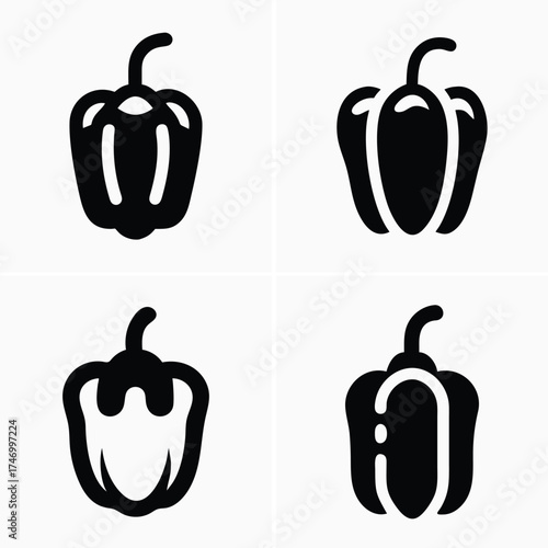 Four black bell pepper icons show vegetable variations against a plain background, transparent
