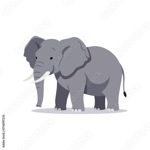 A friendly cartoon illustration of a large gray elephant with tusks standing on a white background with a shadow