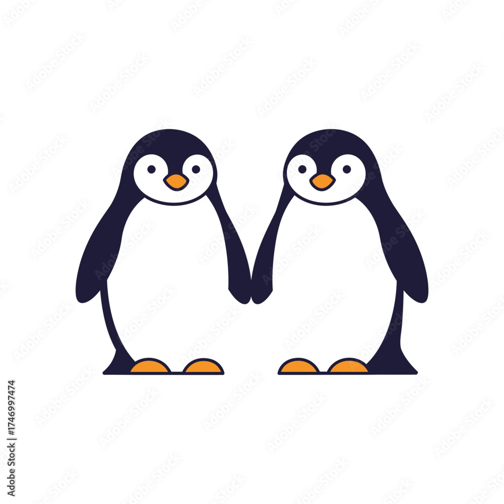 Obraz premium Two adorable cartoon penguins holding flippers together symbolizing friendship love and companionship in a simple flat design