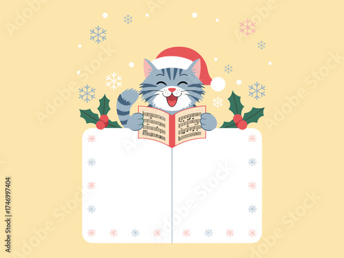 Festive Cat Singing Christmas Carols on a Snow-Dusted Background