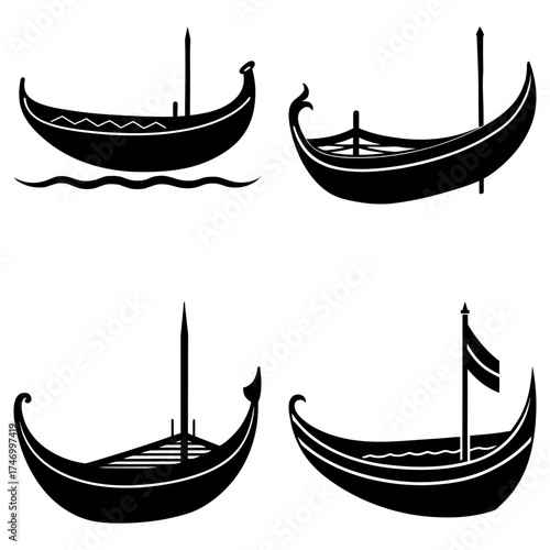 Collection of four black silhouette viking ships with masts and curved hulls on a white background design