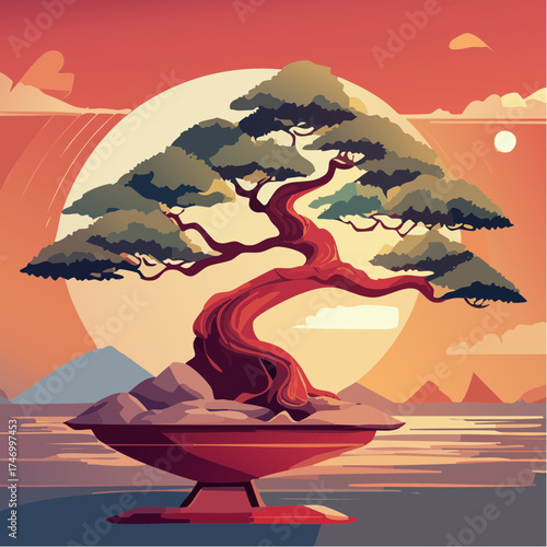 Bonsai tree on rock with sunset and mountains