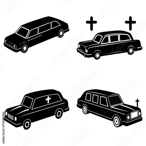 Illustration showing four black hearse vehicles with crosses in a symmetrical arrangement on white