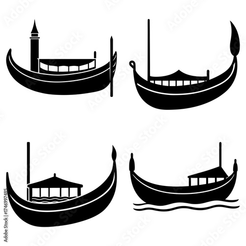 Four gondola boats in black silhouette with different designs and decorations on a white background