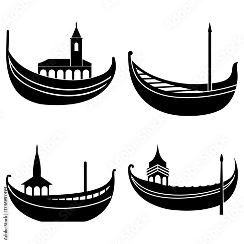 Four stylized gondola boat silhouettes with various architectural structures on them in black and white
