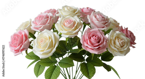 Beautiful bouquet of soft pink and cream roses with green stems and leaves
