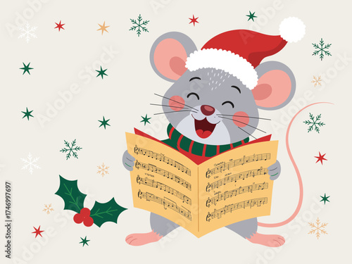 Cute singing Christmas mouse wearing Santa hat and scarf, holding sheet music with snowflakes and holly
