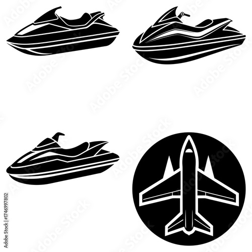 Illustration showing three jet skis and a jet airplane inside a circle in black and white color scheme