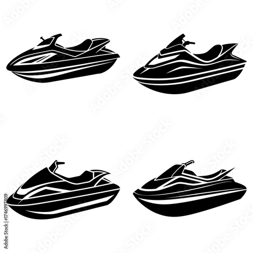 Four jet skis displayed in a square arrangement with black and white color scheme and sleek design elements