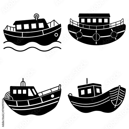 Four black and white cartoon boats with different designs and styles in a square arrangement on white