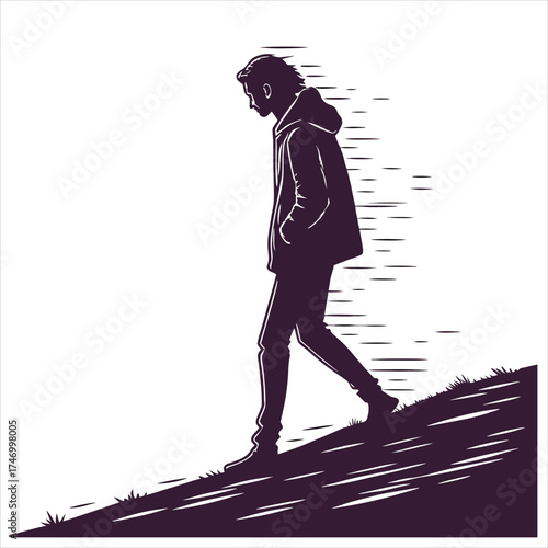 Lonely Man Walking Uphill Silhouette Illustration