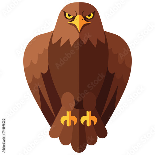 Majestic brown eagle standing proudly front facing with fierce eyes and sharp talons isolated on white background