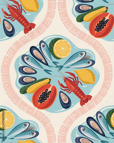 Healthy seafood and exotic fruits arrangement in a charming repeating pattern