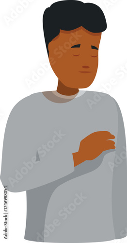 Patient holding his chest with hand, suffering from chest pain, possible heart attack or stroke