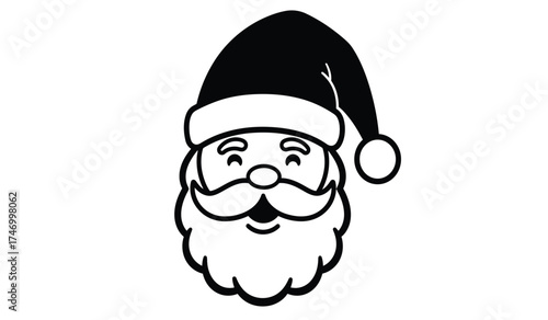 Hand-drawn black and white sketch of santa claus face with fluffy beard and red hat for christmas celebrations holiday season festive cheer isolated on white background