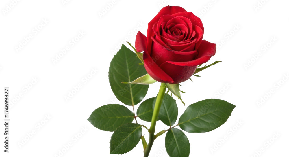Fototapeta premium Single vibrant red rose bloom with green leaves on a deep black background close-up