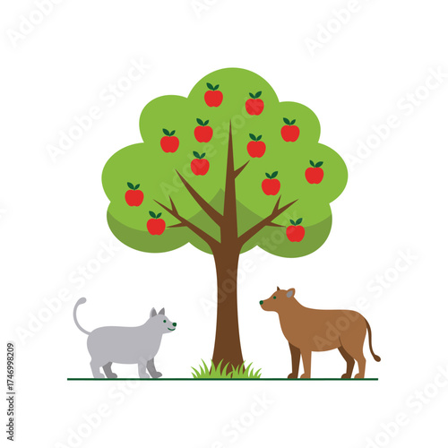 Whimsical illustration of a healthy green apple tree laden with ripe red fruit standing tall in a grassy field with a curious cat and a gentle dog nearby
