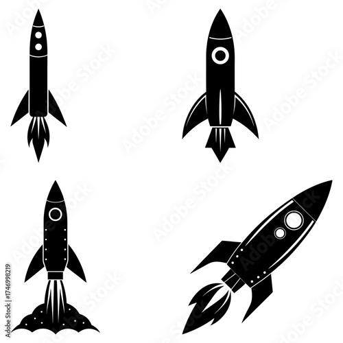 Four black and white rocket ships with different designs and exhaust plumes on a white background image