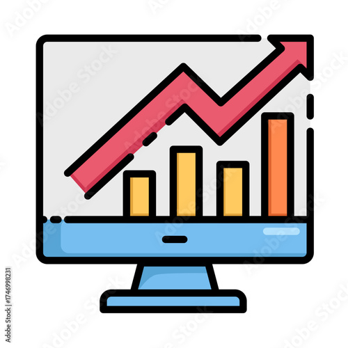 Growing bar graph on a computer screen, perfect for business presentations, financial reports, and data analysis visuals.