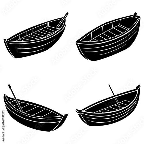 Four monochrome rowboats with oars in varying orientations on a white background in a simple style