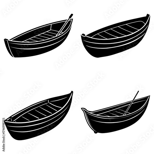 Collection of four monochrome rowboats in various orientations on a white background illustration