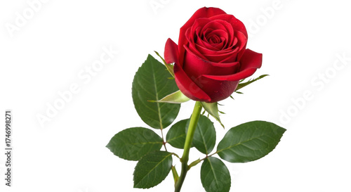 Single vibrant red rose bloom with green leaves on a deep black background close-up