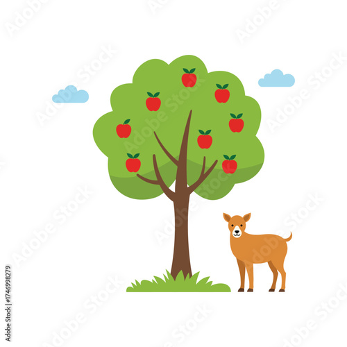A cute cartoon illustration of a healthy green apple tree laden with ripe red apples standing in a grassy field with a small brown deer nearby