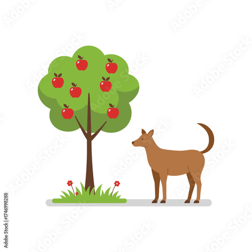 A brown dog stands attentively beside a vibrant green apple tree laden with ripe red apples in a sunny meadow