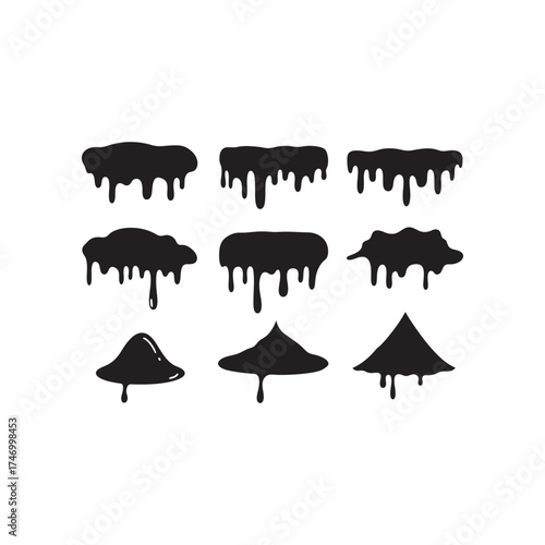 Collection of nine distinct black ink drip shapes and abstract blobs with liquid paint splatter effects for graphic design elements