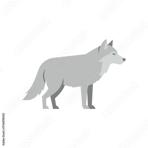 Stylized illustration of a gray wolf standing alertly with a neutral expression on a clean white background