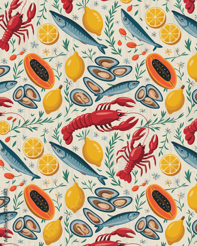 Seamless Pattern of Fresh Seafood, Tropical Fruits, and Lemons