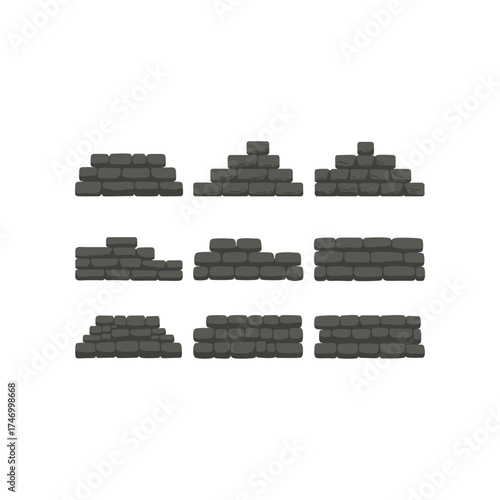 Collection of nine different stacked dark gray sandbag barricades and walls for protection and defense in a clean white background illustration