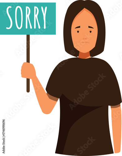 Young woman holding a sign with the inscription sorry, expressing regret and remorse