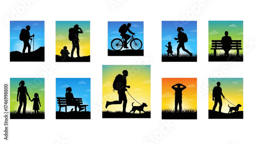 High-Quality Color Silhouette Black Icon Set of People, Outdoor Human Figures, Minimalist Flat Design